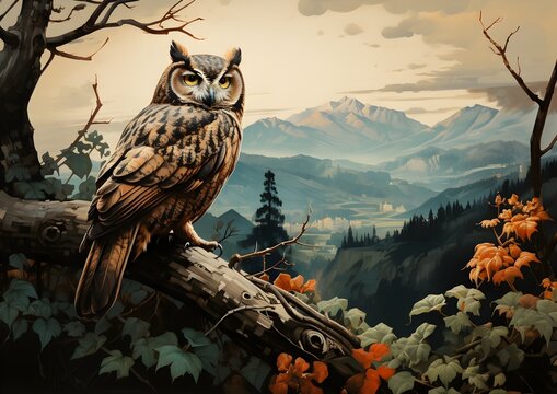 Great Horned Owl in a Forest with mountains Oil Painting artwork, wall art, illustration, High resolution, Printable