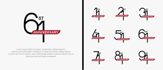 set of anniversary logo black color and red ribbon on white background for celebration moment