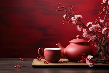 Chinese tea ceremony with hot teapot and teacup on red background - obrazy, fototapety, plakaty