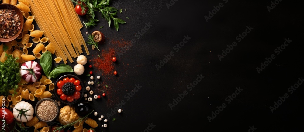 Poster black table with various foods menu concept copy space for text top view