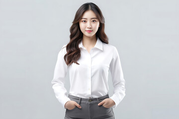 Happy smiling Asian woman posing on her blank white t-shirt while standing isolated over gray background. Professional uniforms such as accountant, office girl, sales. Generative AI.