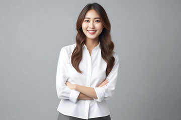 Happy smiling Asian woman posing on her blank white t-shirt while standing isolated over gray background. Professional uniforms such as accountant, office girl, sales. Generative AI.