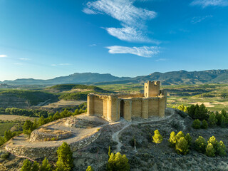 Aerial view of romantic 13th century ruined stronghold Davalillo castle with semicircular towers and rectangular homage tower above the Ebro river in Spain © tamas