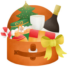 Brown Gift Box With Gold Ribbon, Red Green Decoration, Cookies Jar, Stick Candy, Wine Glass, Bottle Wine Brush Style Illustration | Christmas Hampers