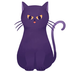 Black Purple Cute Cat, Long Tail, Whiskers, Yellow Eyes, Witch, Witchcraft, Mystery, Brush Style Illustration | Halloween Theme