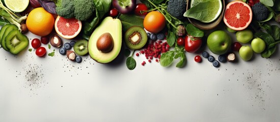 Superfoods and plant based ingredients for healthy eating Detox and clean diet concept Wide view Banner