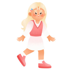 Pretty Girl In Pink Dress, Long Blonde Hair, Pink Shoes, Cute, Adorable, Beautiful, Fashionable, Brush Style Illustration