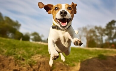Jack Russel Parson Dog Run Toward The Camera Low Angle High Speed Shot. - obrazy, fototapety, plakaty