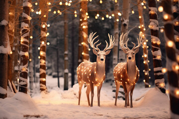 Beautiful deer and christmas festival in pine woods spectacular decoration