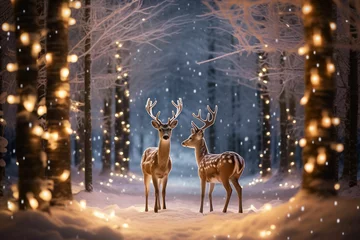 Schilderijen op glas Beautiful deer and christmas festival in pine woods spectacular decoration © Rehman
