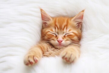 Red kitten, cat sleeping cute on white fur. 