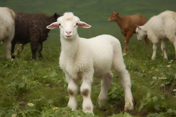 White lamb in a field in front of other animals. 