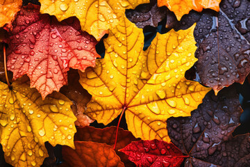  A Macro Perspective of Morning Dew on Fall’s Palette of Various Colored Leaves