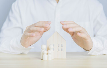 hand protect family and home, risk plan agent, and service health safety. concept of life and home...