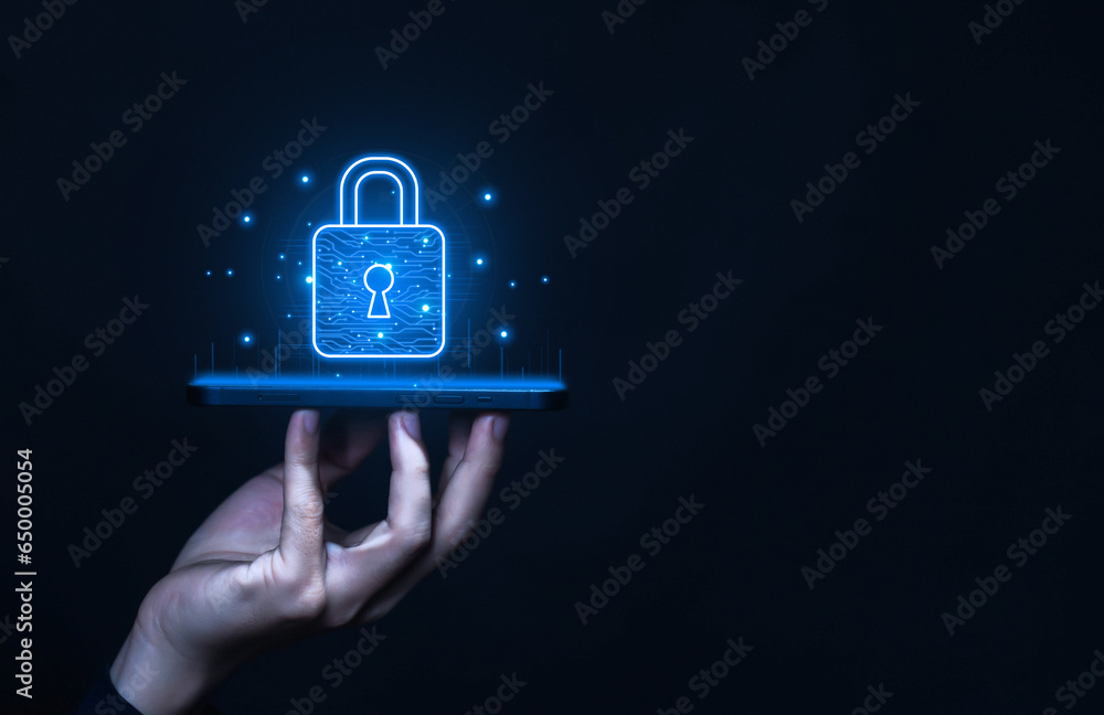 Poster lock mark, cybersecurity internet. concept protect attacks from a hacker, crime, and viruses cyber. 