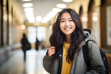 happy young Asian female high school student standing in a hallway, embodying the spirit of education and personal growth