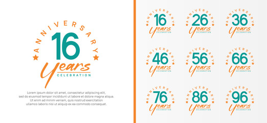 set of anniversary logo flat green color number and orange text on white background for celebration