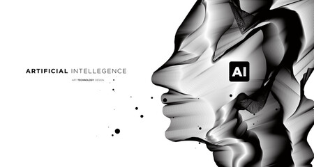 Vector wave lines flowing dynamic face in black and white isolated background for the concept of AI technology digital communication science music
