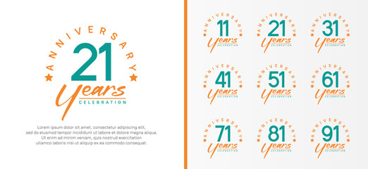 set of anniversary logo flat green color number and orange text on white background for celebration