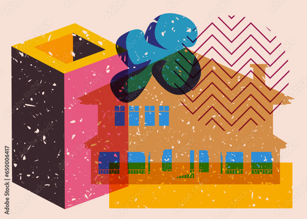Poster risograph halloween abandoned ghost house and geometric shapes. object in trendy riso graph design. 