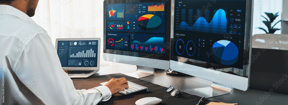 Poster analyst working on data analysis or bi dashboard on computer monitor. businessman analyzing financia