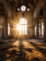 Ruins of abandoned palace or catholic church indoor in the sunshine. AI