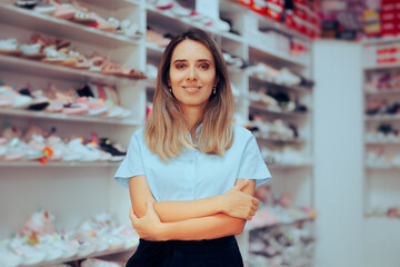 Happy Shop Assistant Working in a Shoes Store.. Woman shopping a footwear department feeling carefree
