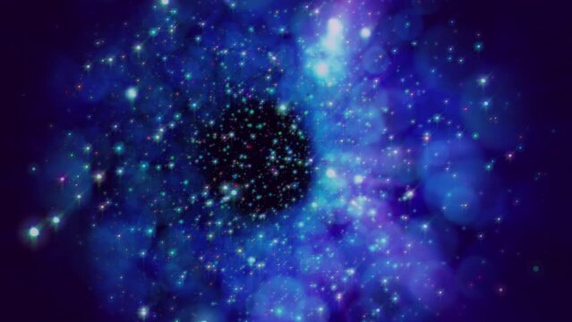 Fantasy space particles tunnel loop, fly through stars.