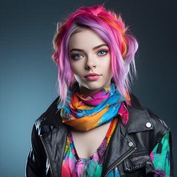 studio portrait of woman with colourful hair wearing raver outfit