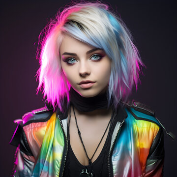 studio portrait of woman with colourful hair wearing raver outfit
