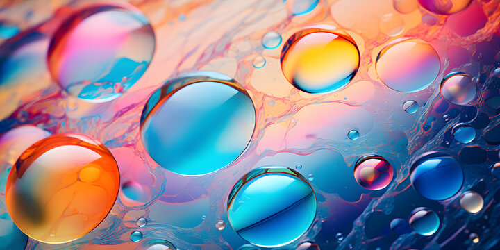 colourful Oil bubbles background, bubbling drops of colourful iridescent liquid. oil bubbles in abstract natural transparent liquid fluid splash