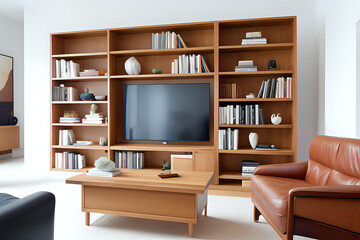 Wooden bookcase in interior of modern living room