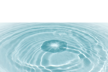 Defocus blurred transparent blue colored clear calm water surface texture with splashes reflection. Trendy abstract nature background. Water waves in sunlight with copy space. Blue watercolor shine.