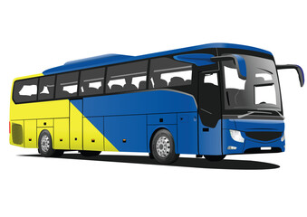 Blue-yellow tourist or City bus on the road. Coach. Vector 3d illustration - obrazy, fototapety, plakaty