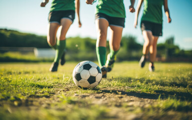 Obraz na płótnie Canvas Young females kicking soccer balls on a green field.