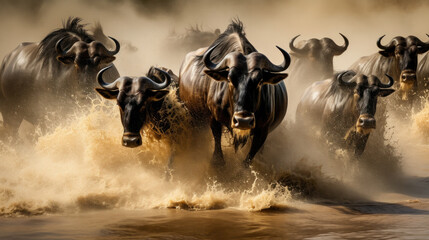 Wildebeest crossing the Mara River during the annual great migration. Every year millions will make the dangerous crossing when migrating between Tansania and the Masai Mara in Kenya - obrazy, fototapety, plakaty