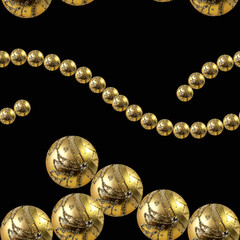 Seamless pattern on the theme of the new year and Christmas with snowflakes, balls, Christmas tree branches, Golden color