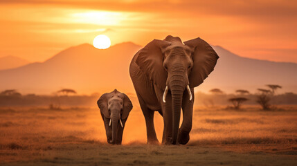 Elephants at sunrise in Amboseli National Park. Horizontal banner in popular social media proportions.