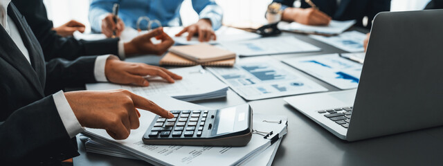 Auditor and accountant team working in office, analyze financial data and accounting record with...