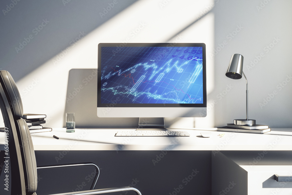 Poster Modern computer monitor with abstract creative financial chart, research and strategy concept. 3D Rendering