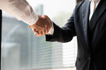 Man shaking hands with interviewer for successful negotiations.