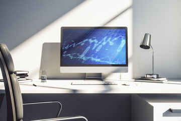 Fototapeta premium Modern computer monitor with abstract creative financial chart, research and strategy concept. 3D Rendering
