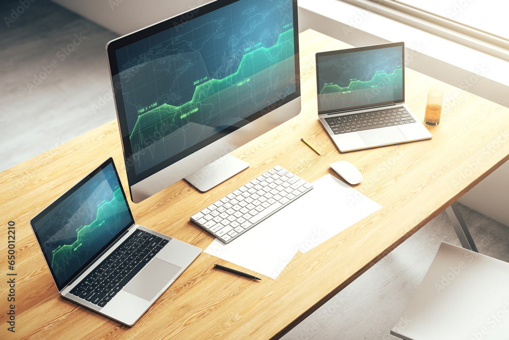 Poster abstract creative stats data concept on modern laptop screen. 3d rendering