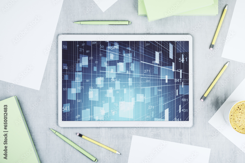 Poster modern digital tablet monitor with abstract creative statistics data hologram, statistics and analyt
