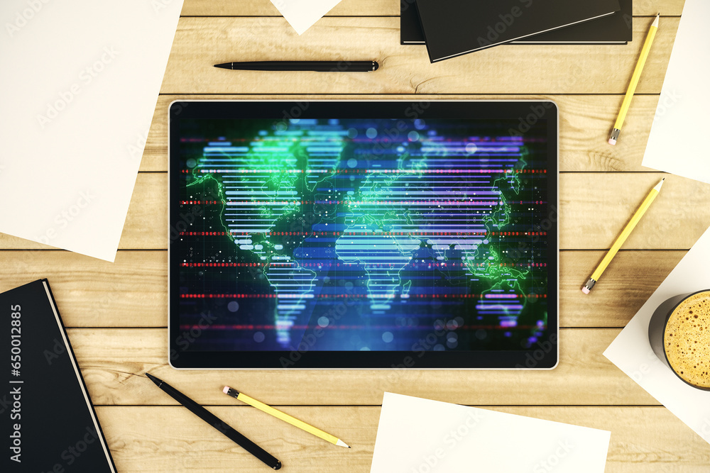 Poster Abstract graphic world map on modern digital tablet screen, connection and communication concept. Top view. 3D Rendering