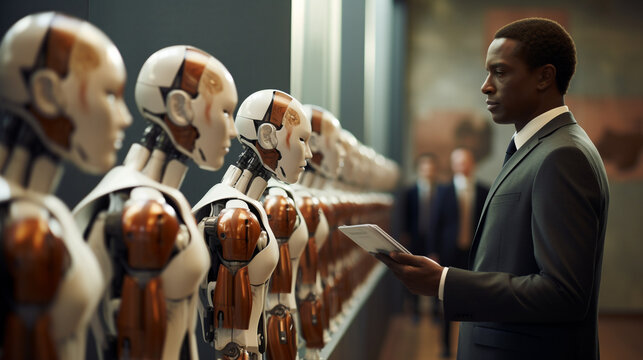 Coach Evaluating AI Robot Athletes in Futuristic Sports Lineup