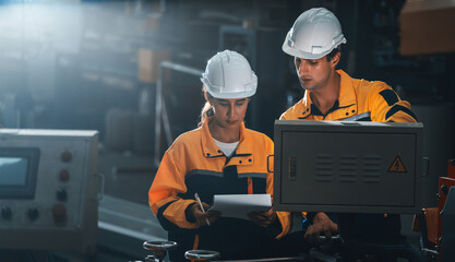Professional quality control inspector conduct safety inspection on steel machinery and...