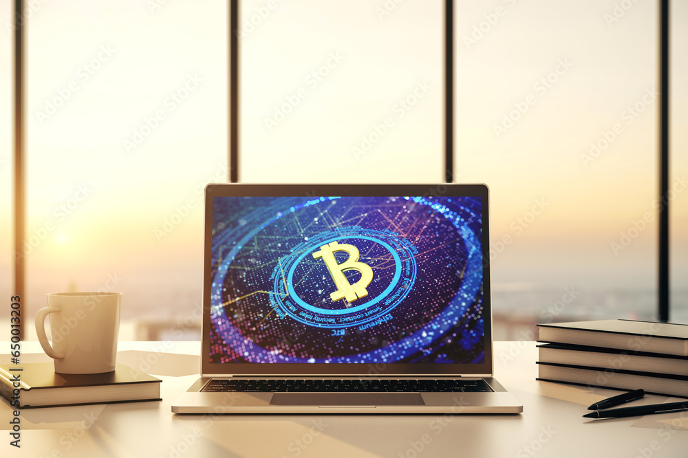 Poster Creative Bitcoin concept on modern computer monitor. 3D Rendering