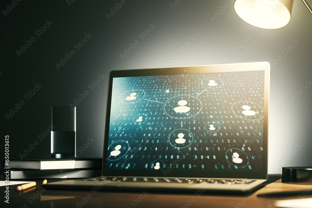 Poster Modern computer monitor with social network icons concept. Marketing and promotion concept. 3D Rendering