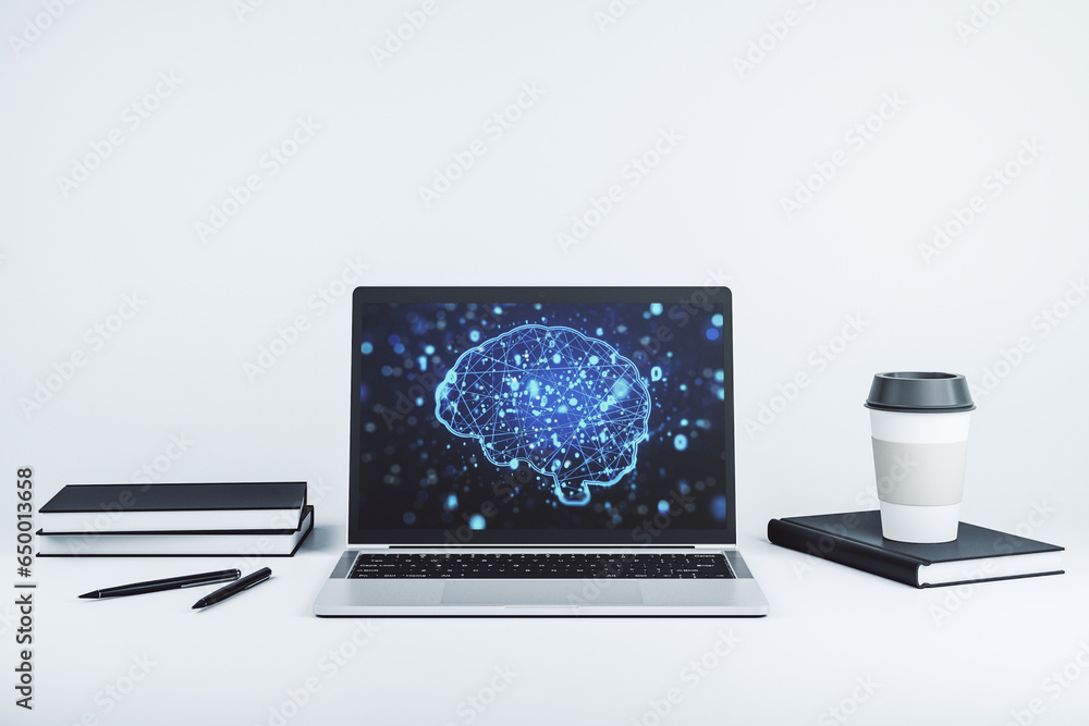 Poster creative artificial intelligence concept with human brain hologram on modern laptop screen. 3d rende